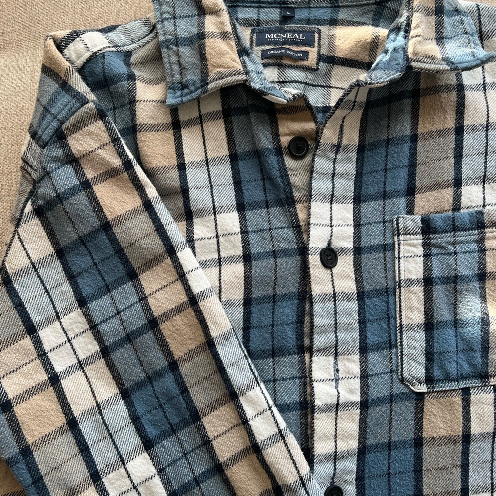 Blue and Cream Plaid Men's Shirt Organic Cotton